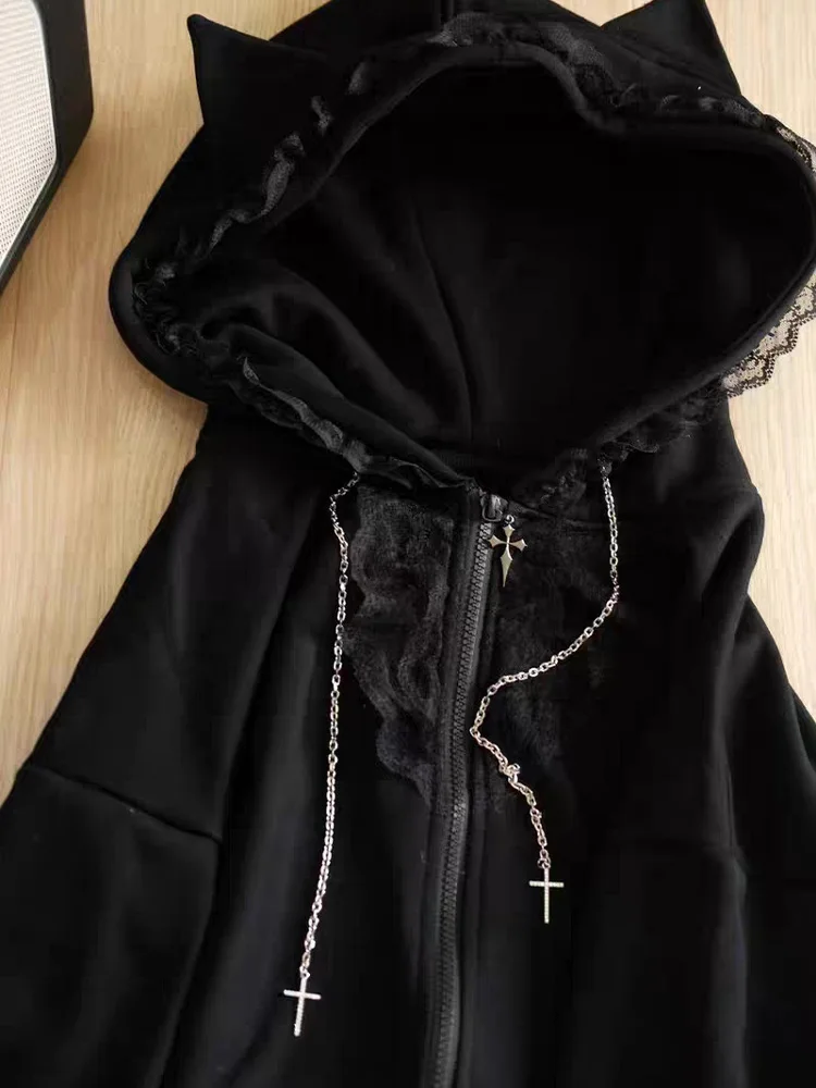 2026 Gothic Subkultur Schwarzer Spitzen-Hoodie für Damen – Herbst-Ästhetik, Lieblicher Langarm-Kapuzenmantel, Lässiger Winter – Detail 6