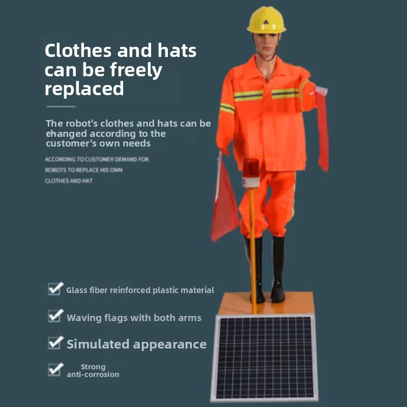 Solar ******* robot simulation commander high-speed flag waving traffic road construction dummy connected to mains power