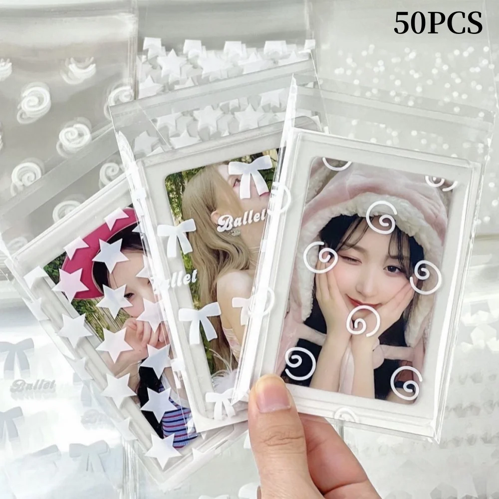 50Pcs Transparent Photocard Protector INS Koreanische Idol Foto Karten Schutzhüllen Bowknot Star Print Selbst-klebe Opp Beutel