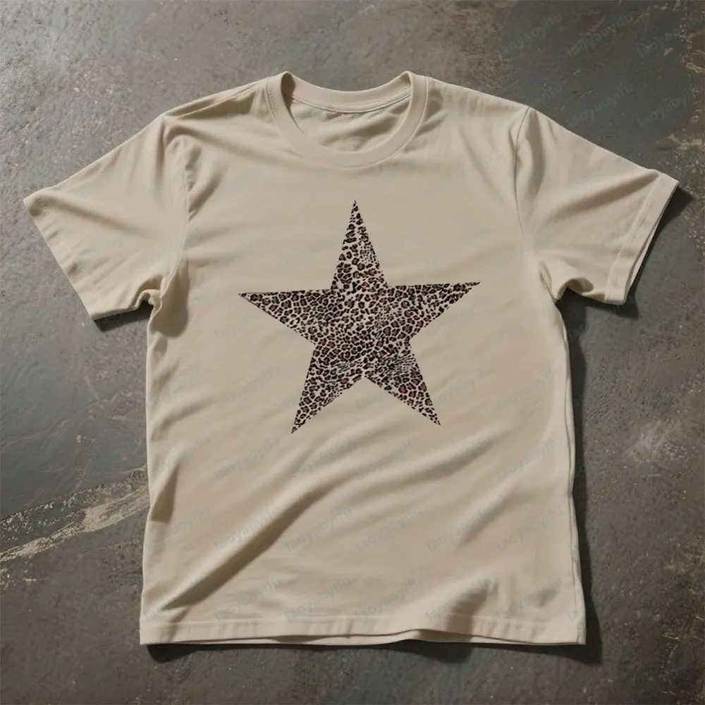 Leopard Star Print Round Neck Short Sleeve Y2K Harajuku Style Women T-Shirt Young Fashion Girls Clothing Casual Cotton Tee Tops