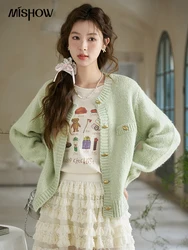 MISHOW Green French Knitted Cardigan Women 2024 Spring Korean Retro Metal Button Sweater Solid Round Neck Loose Coat MXD15Z0563