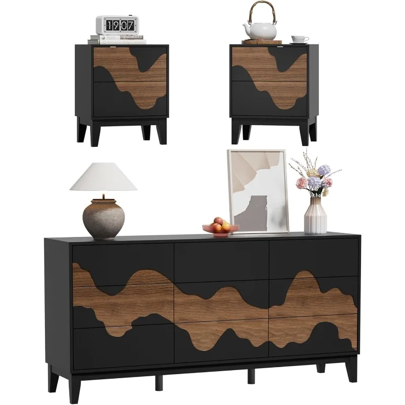 

Набор комодов для спальни из 3 предметов, современный комод с 9 ящиками и 2 тумбочками, деревянный комод шириной 63 дюйма с текущей водой