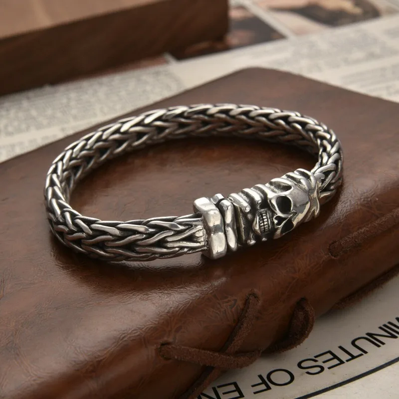 New S925 Sterling Silver Heavy Duty Bracelet, Bold Skull Braided Wide Wristband, Trendy Fashion Jewelry