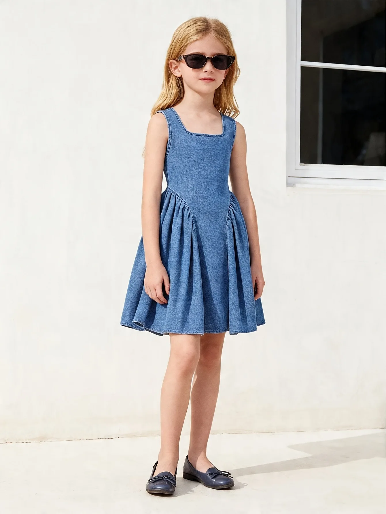 Comfy Kids Girls Denim Dress, Soft Lightweight Fabric Sleeveless Pleated A-Line Dress for Daily & Play