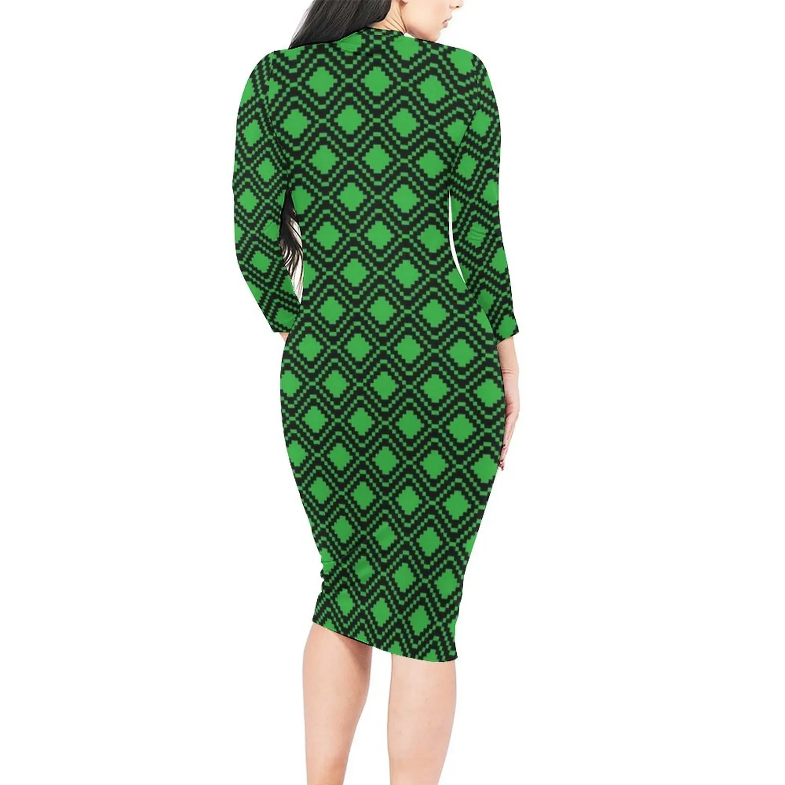 Green Nordic Lines Dress Long Sleeve Retro Pixel Art Modern Dresses Spring Female Street Wear Custom Bodycon Dress 3XL 4XL 5XL