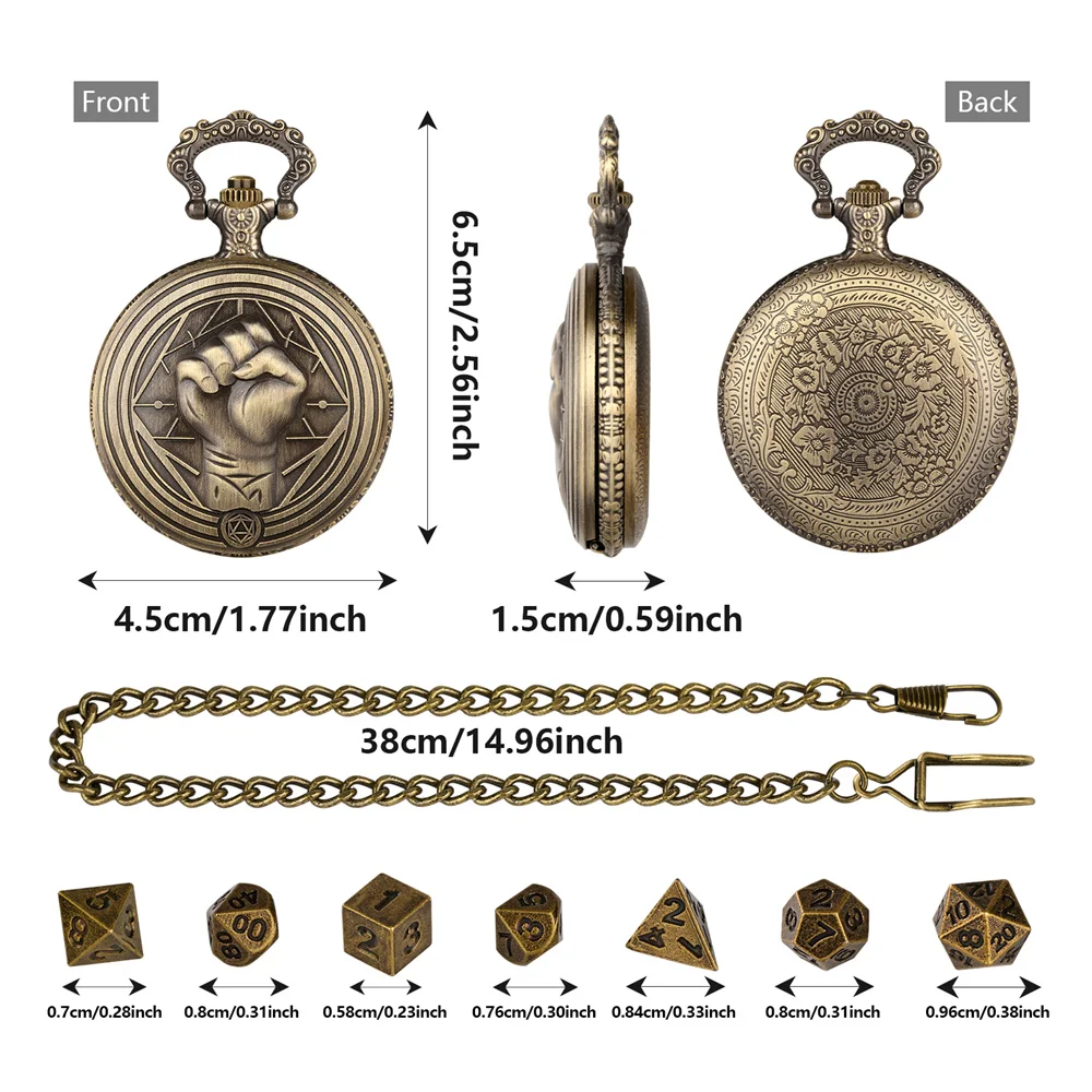 New Arrival Fist Design Full Hunter Pocket Watch Case with Mini Dices Pocket Chain Pendant Unique Gift for Dices Lovers