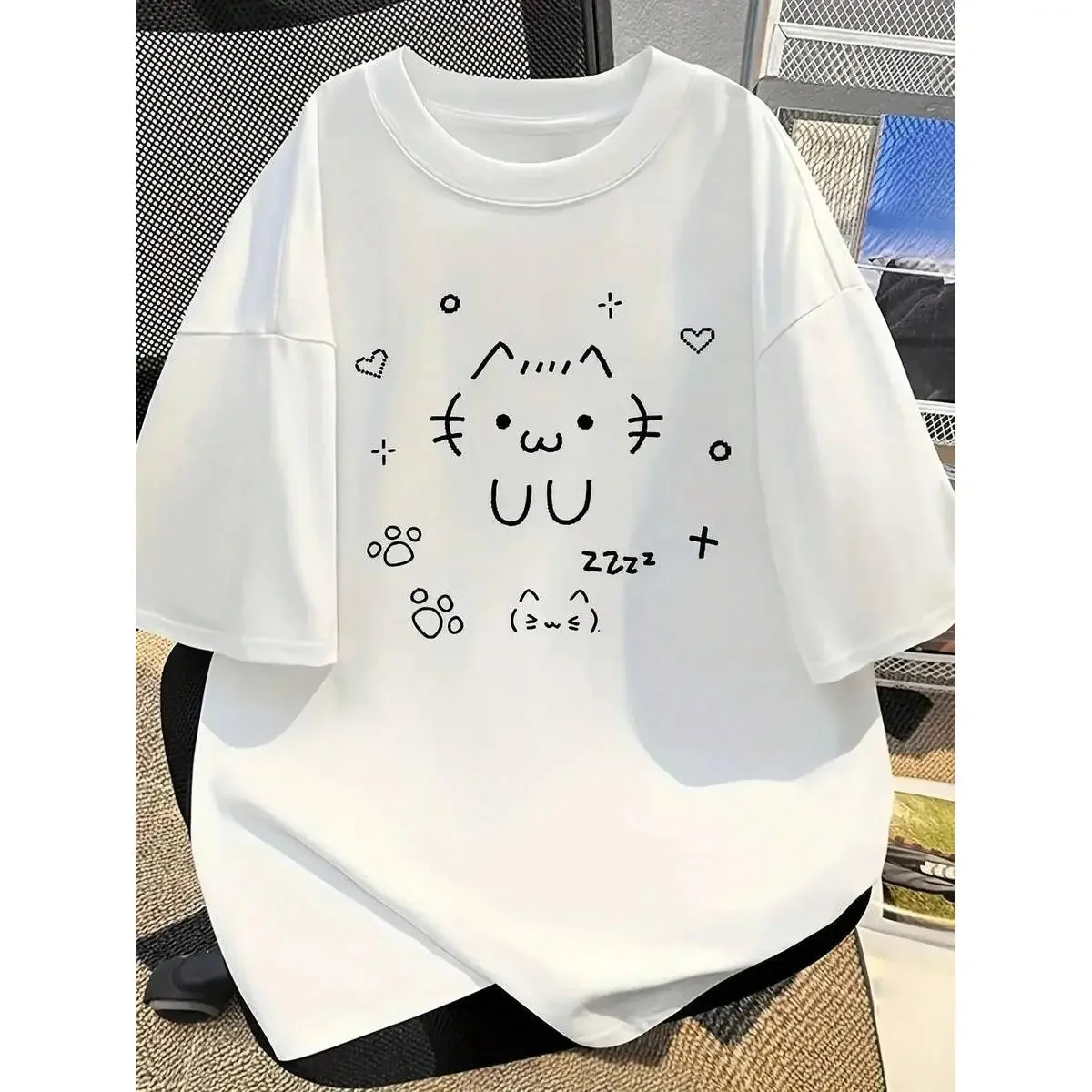 Men's  Casual Oversized T-Shirt - Cute Cat Text Print, Black Line Art, Round Neck, Breathable Short-Sleeve Kawaii Manga Loose Fit Top