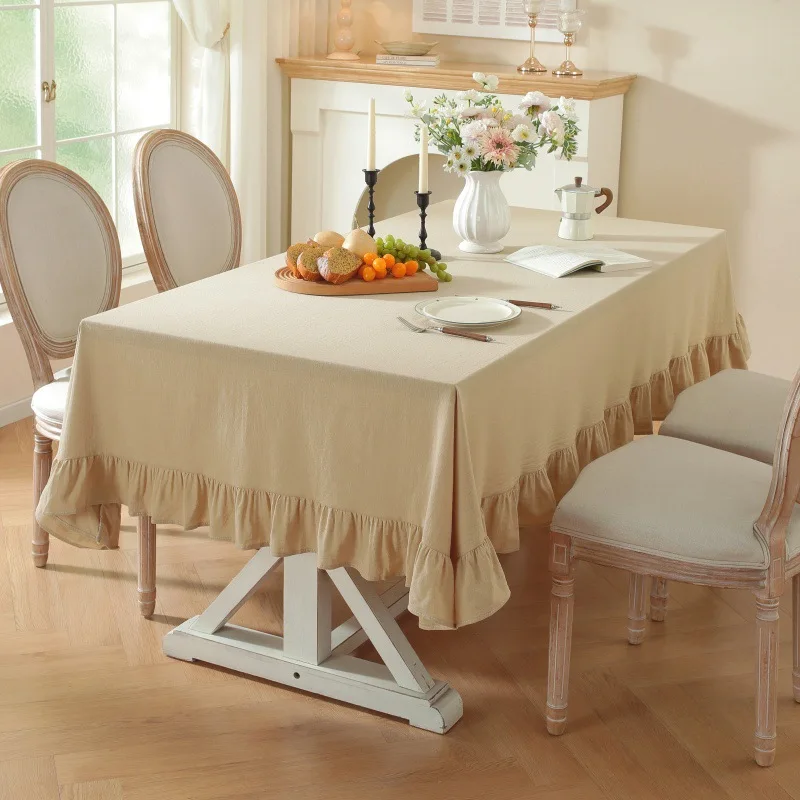 

100% Cotton Table Cloth with Decorative Ruffle Edge Luxurious Soft Washable Tablecloth Rectangular for Kitchen Dining Wedding