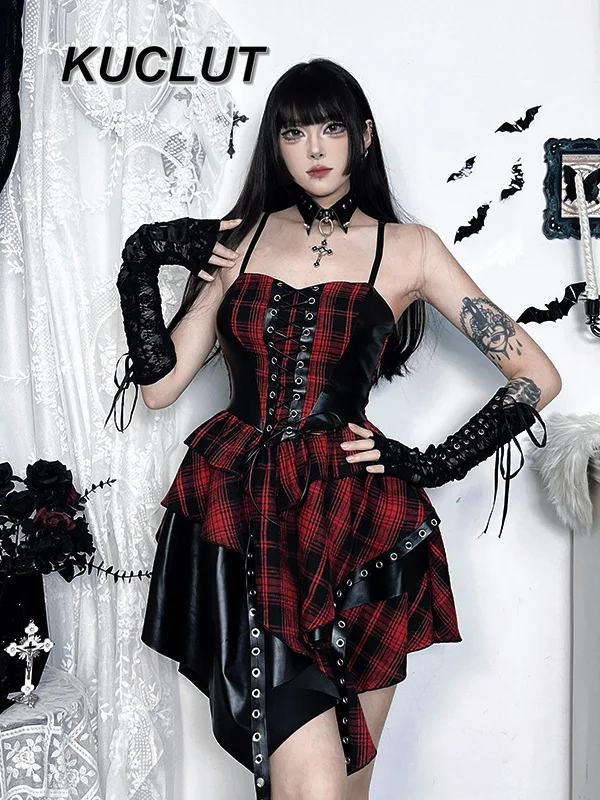 

2025 New Plaid Suspender Dress Subculture Wear Stage Girls Fashion Casual Irregular Sexy Short Dresses for Women Summer