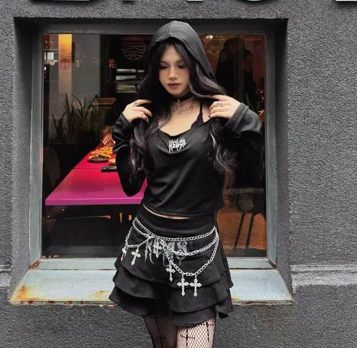 Ruibbit Japanese Harajuku Hooded T-Shirt Gothic Hot Girls Black Sexy Slim Thin Long Sleeve Tops Tees Y2k Top