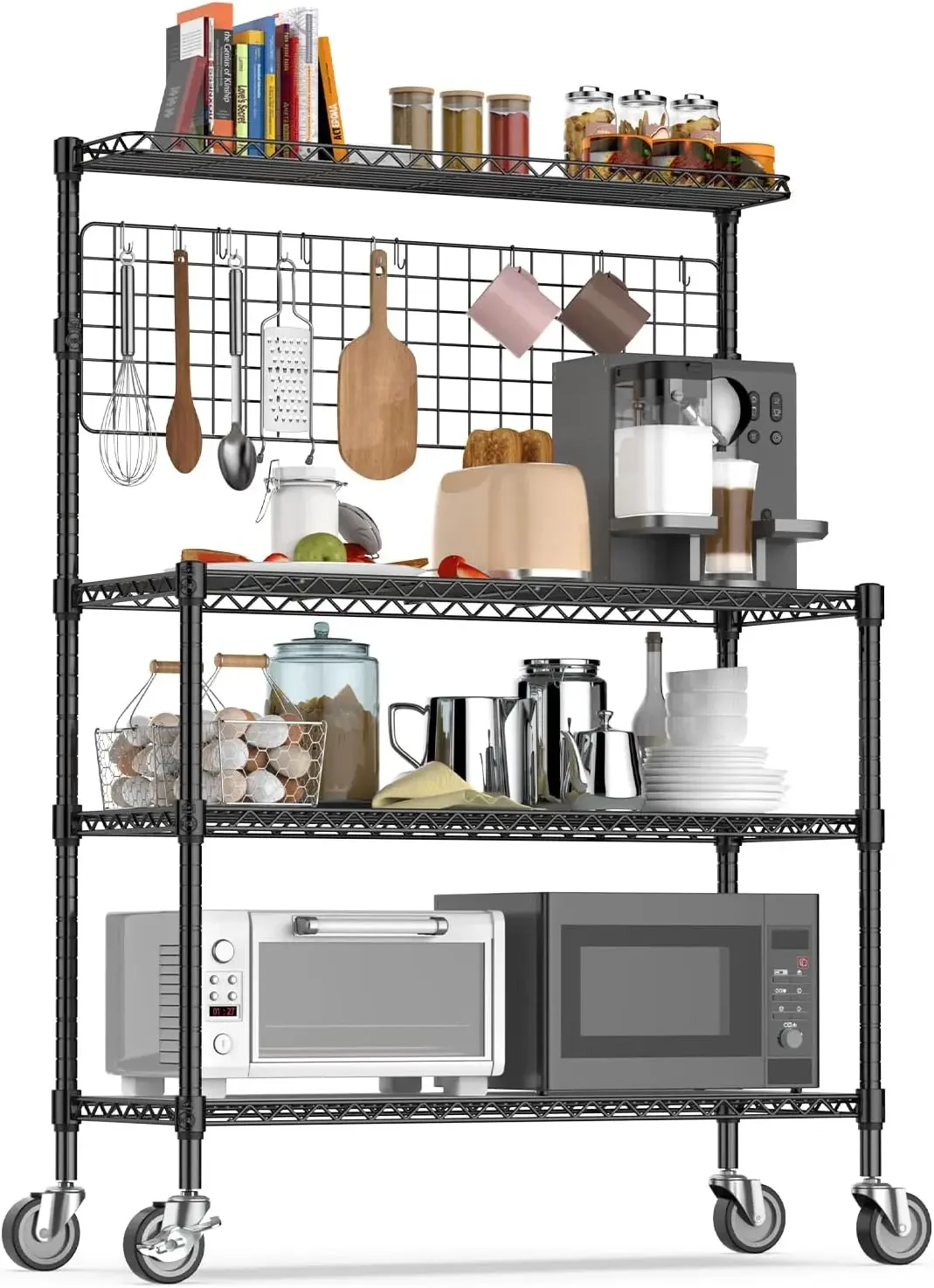 

Bakers Rack with Storage, 4-Tier Kitchen Shelf Cart, NSF Certified Microwave Stand with Wheels