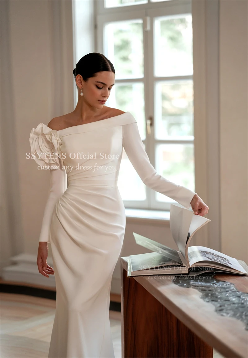 SSYTENS Modest Off Shoulder Mermaid Wedding Dresses Ivory Long Sleeves Bridal Gown Floor Length Satin Customized Civil Gowns