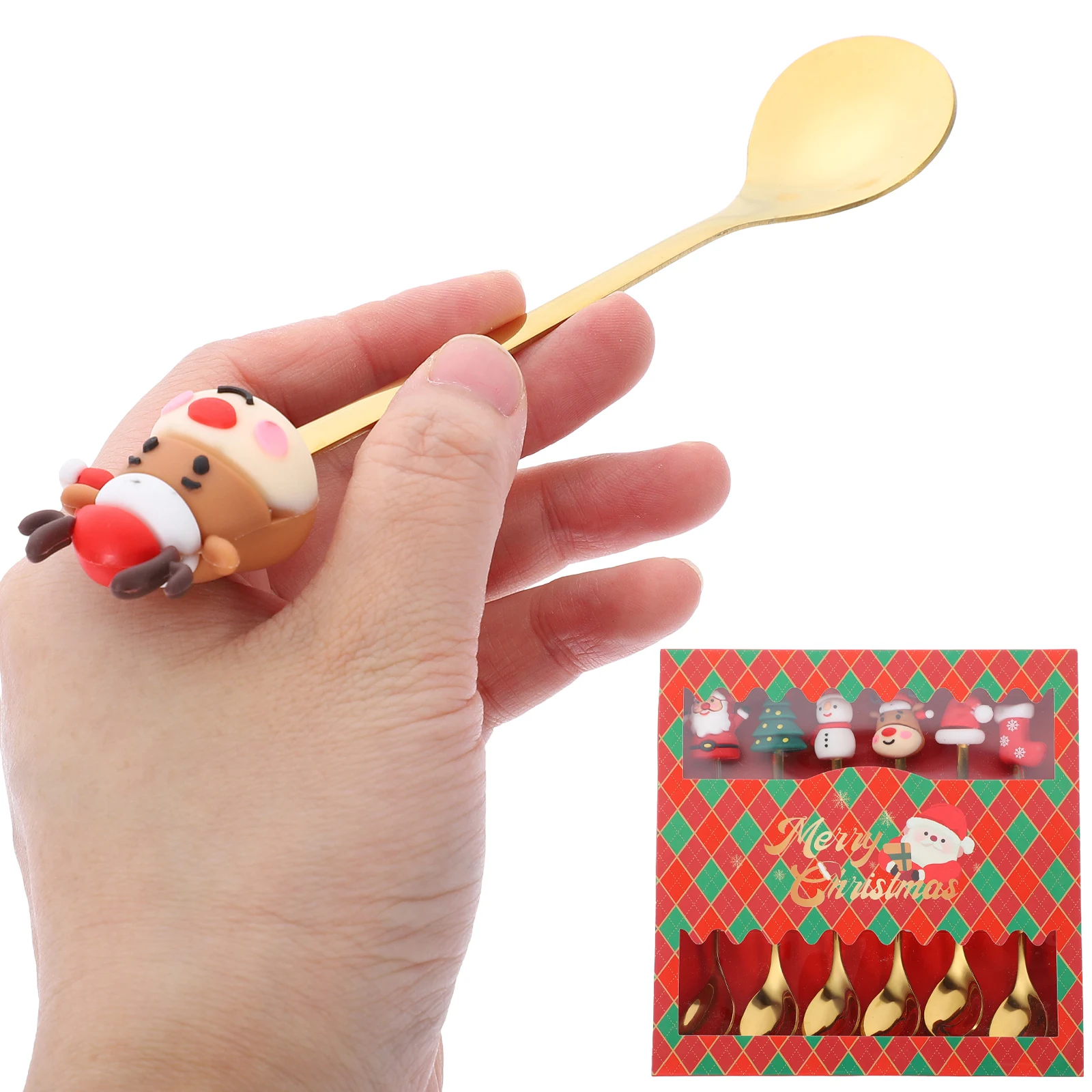 

6pcs Christmas Coffee Xmas Stirring Gift Mixing Stainless Steel Cake Spoons Beverage Party Dessert Gift Kit Long Handle Metal