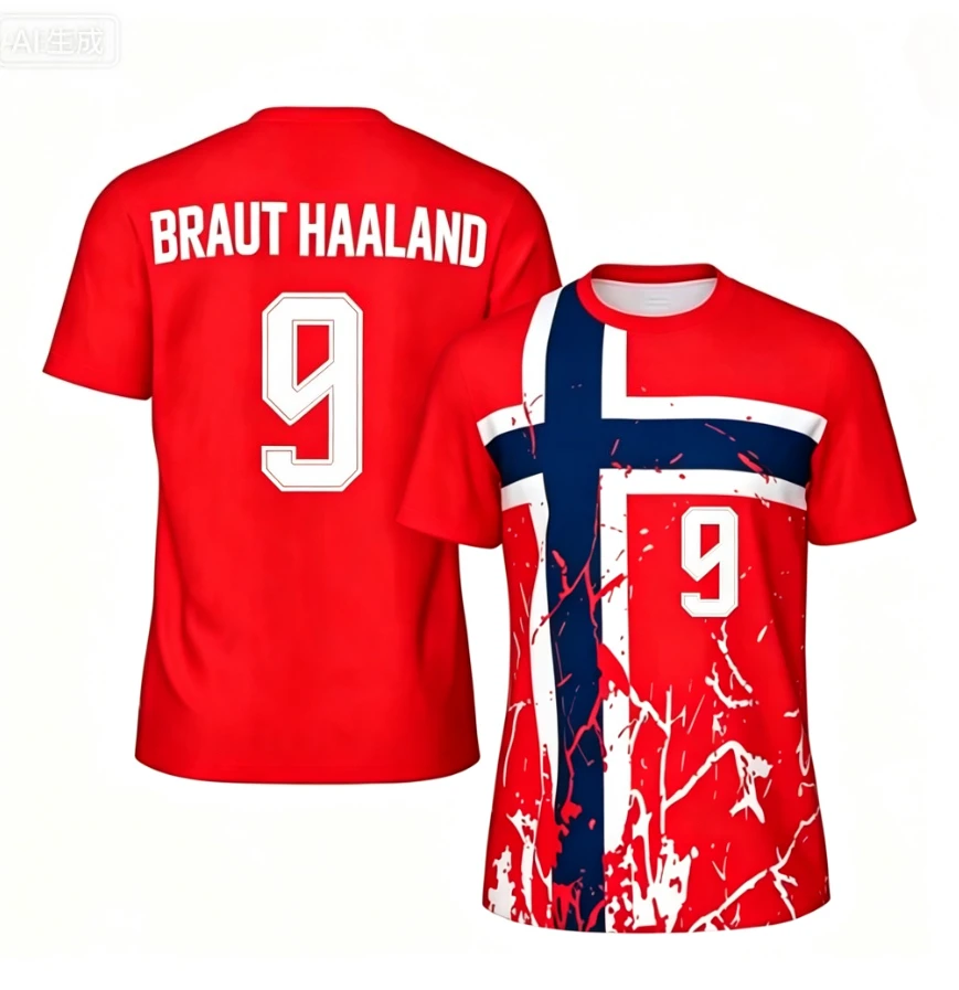 Men's Tee Norwegian Football Jersey Goalkeeper Haaland's No. 9 Jersey Fan T-shirt 3D Printed Short-sleeved T-shirt Sportswear