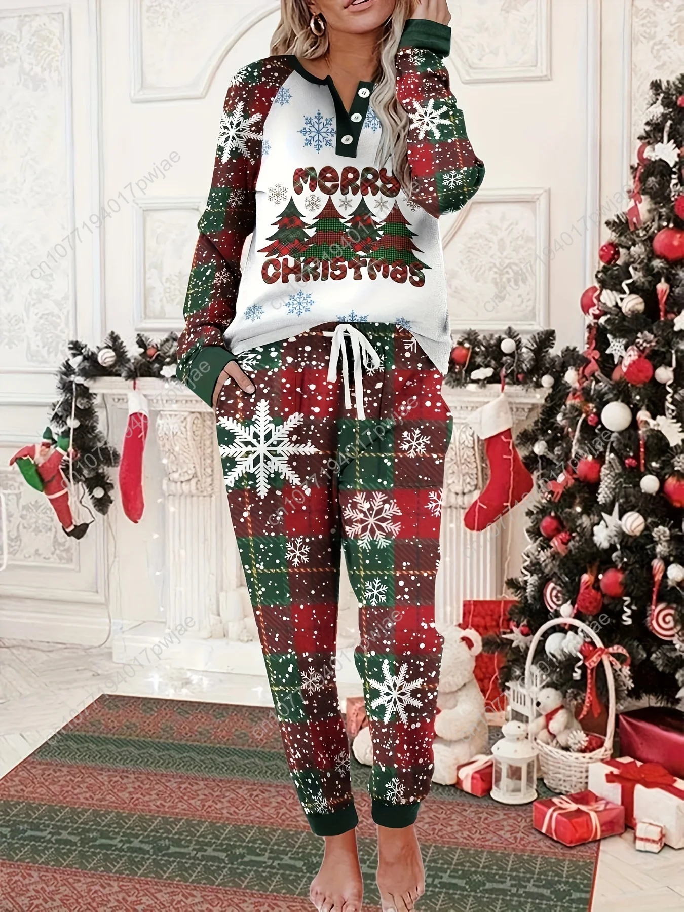 

Christmas Print Two-piece Set, Casual Long Sleeve Botton Front Top & Fitted Bottom Pants Outfits, Women's Clothing