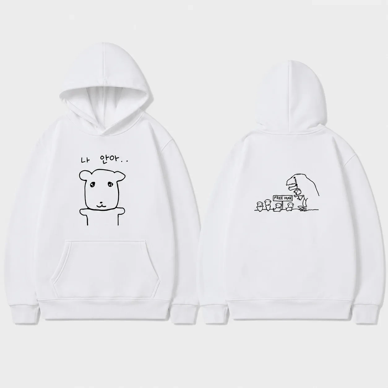 Korean Cute Doodle Free Hugs Bear Dinosaur Themed Casual Daily Streetwear Hoodie Unisex Warm Women's Oversized Graphic Pullover
