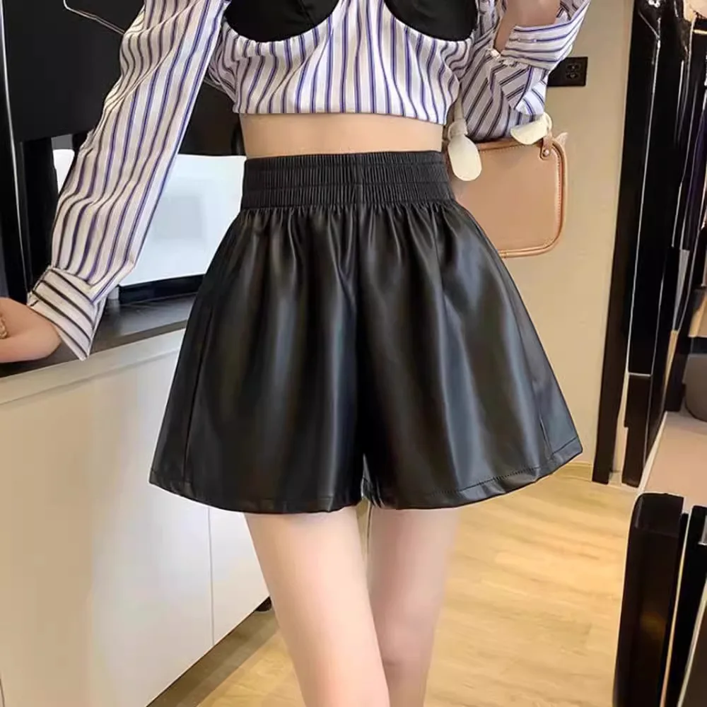 Bla PU レザーハイウエストワイドレッグパンツ女性のカジュアル Sle ort orts 秋冬ファイオン痩身 A ラインスキニー