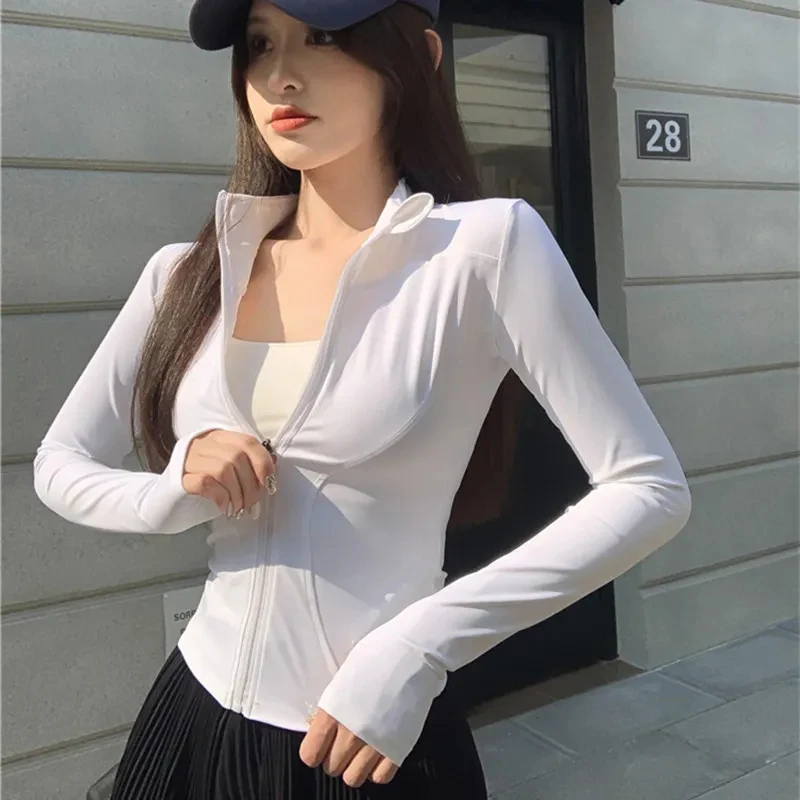 2026 Herbst Slim Fit Langarm-T-Shirt für Damen mit Reißverschluss, Taillenbetontes Yoga-T-Shirt, Eng Anliegendes UV-Schutz Crop-Top – Detail 4
