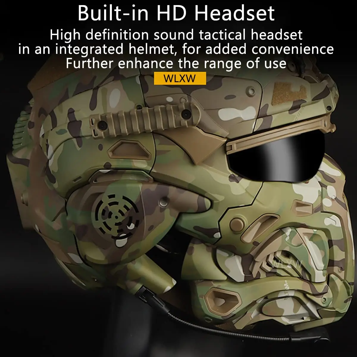 Tactical Assault Helmet, Airsoft Full Face Helmet Built-In Headset Anti-Fog Fans Sliding Goggles for Paintball Shooting Hunting