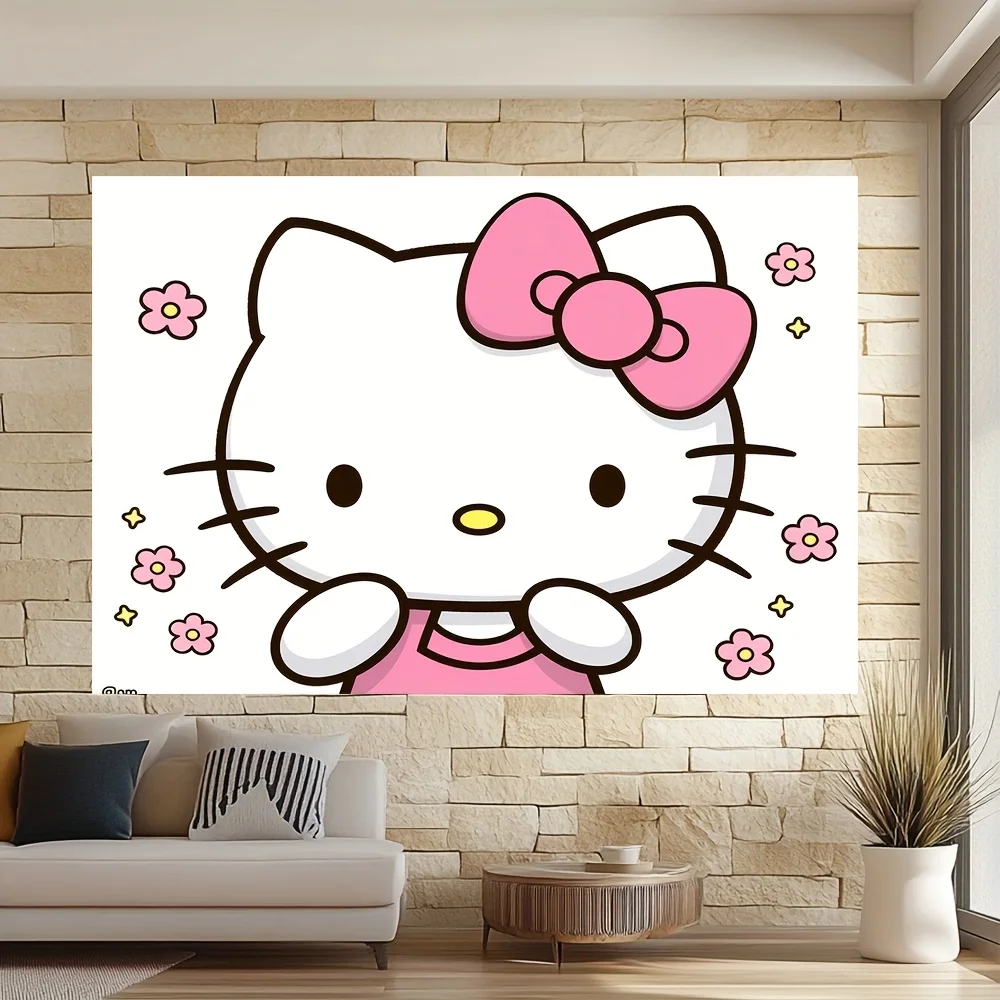 

Hello Kitty Pink Bowknot Cute Cartoon Print Tapestry Bedroom Decoration Winter Celebration Background Cloth Design Holiday Party