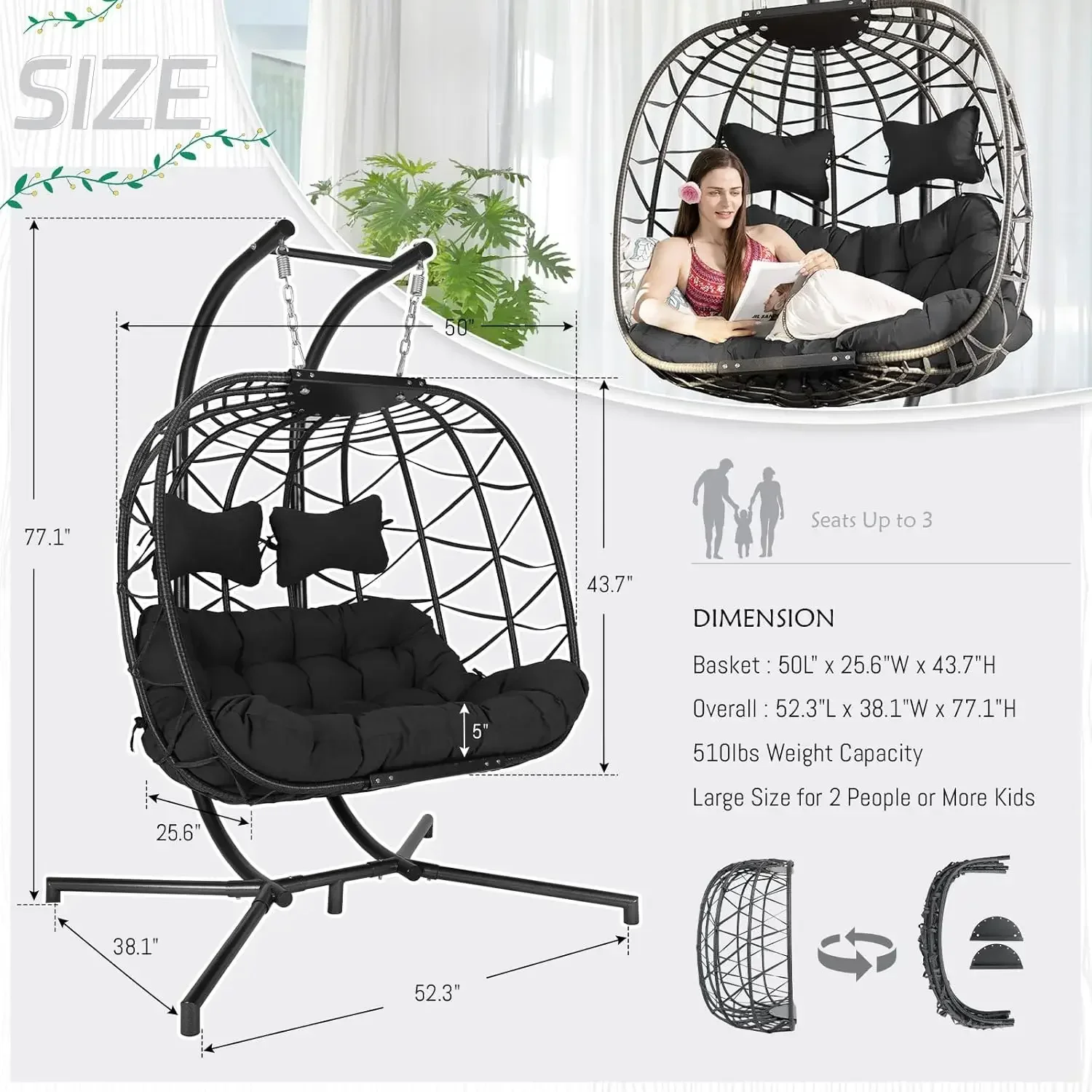 Double Egg Chair with Stand Indoor Outdoor 2 Person Large Wicker Hanging Swing Chair