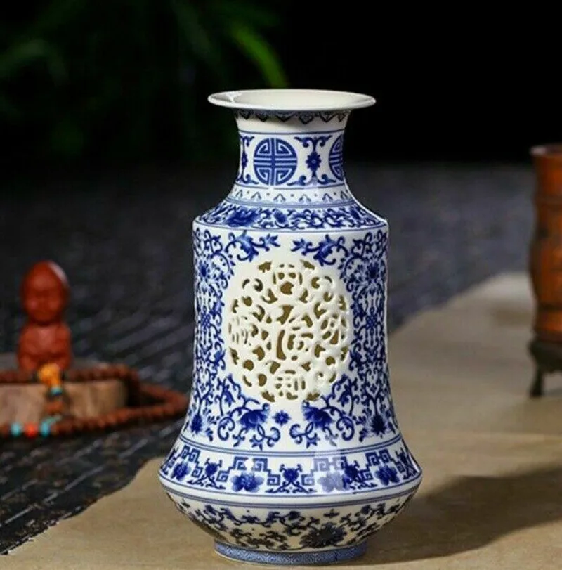 9.4" Chinese Handmade Hollow Ceramic Vase Porcelain Antique Reproduction Collect