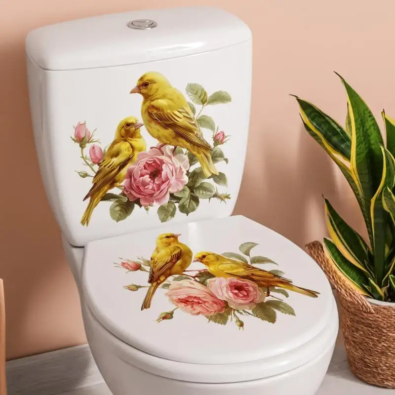 Pink Rose Canary Bird Toilet Sticker: Bathroom Realistic Floor Decal Waterproof Anti-Slip