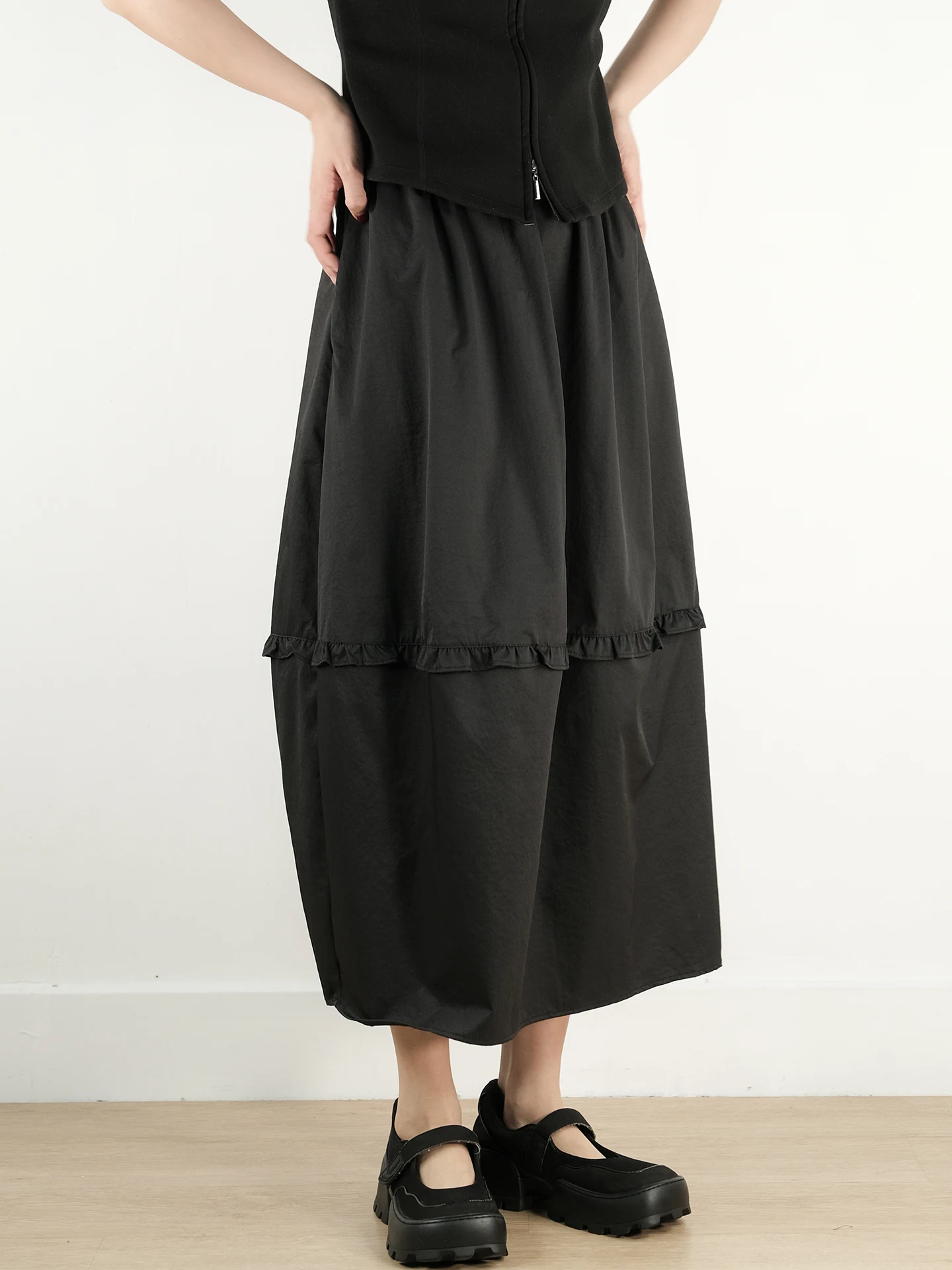 

Черная юбка-фонарик с узором под дерево для женщин, весна-лето, новый стиль, простая в сочетании, повседневная, средней длины, из хлопкового материала