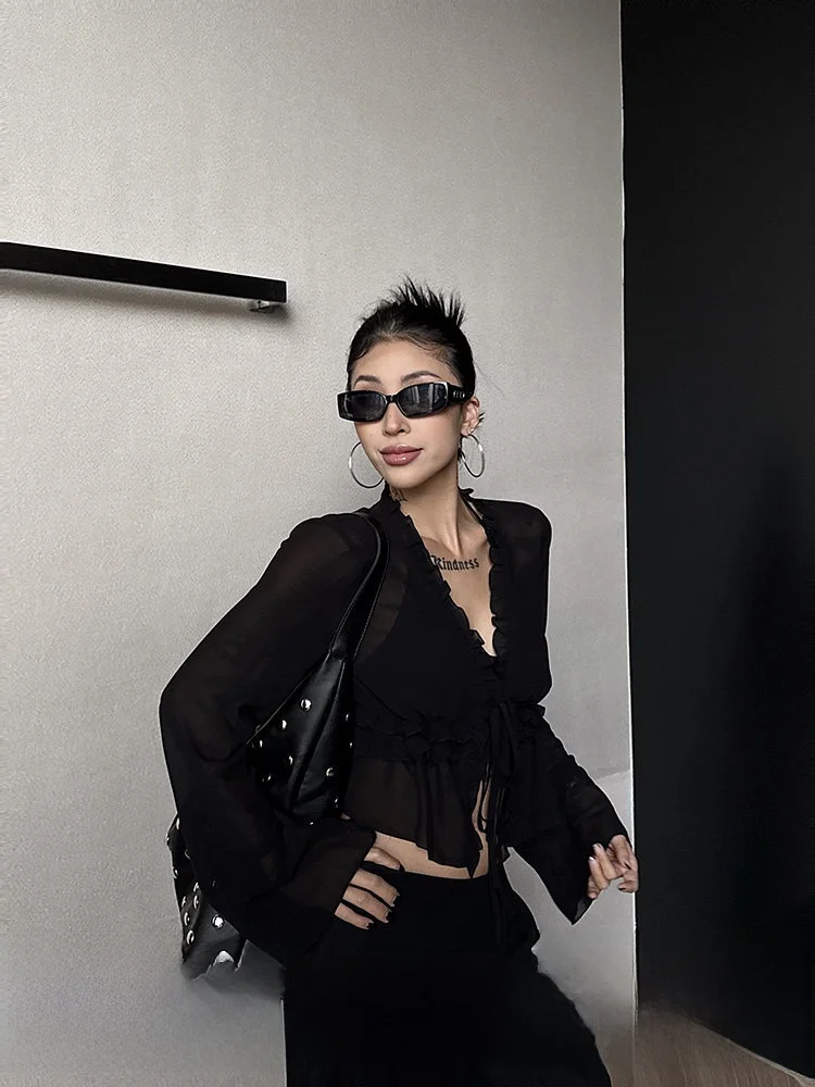 

Женский кардиган Wild Zero с кружевными вставками и рукавами-колокол, повседневный, из полиэстера, с V-образным вырезом