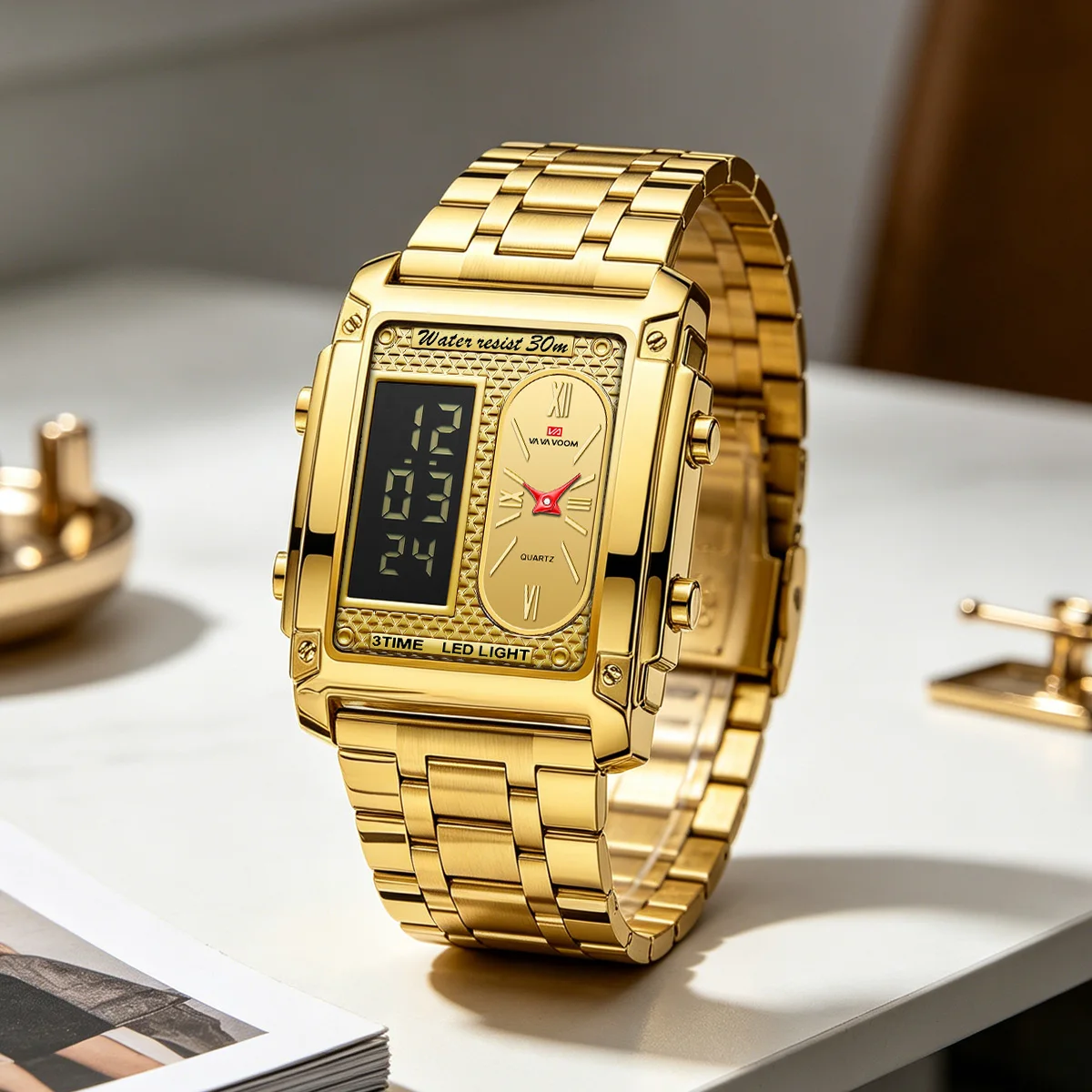 

Men Electronic Watch With 50mm Rectangular LED Display Gold Stainless Steel Timing Clock Suitable Business Leisure Watch for Men