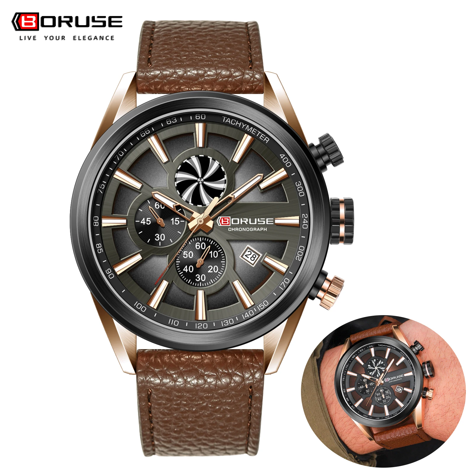 

BORUSE Brand Male Casual Brown Leather Strap Men Sports Watch Date Wristwatches Men's Quartz Watches Relogio Masculino