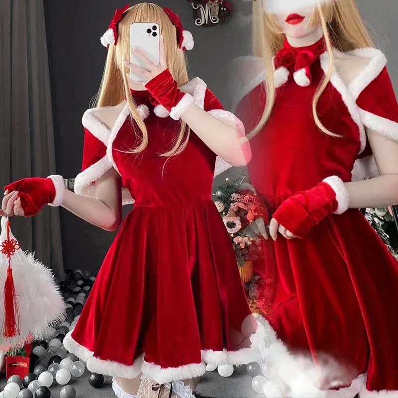 

2024 Christmas dress Red furred sweet girl dress Christmas themed suit