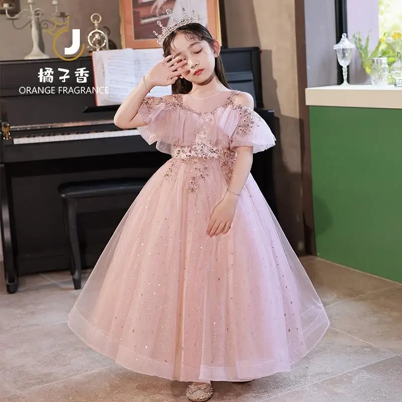 Fancy Long Prom Gowns Teenagers Dresses Sequin Children Party Clothing Kids Evening Formal Dress for Bridesmaid Wedding Vestidos