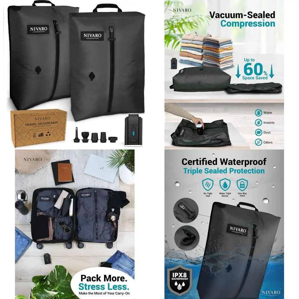 

Large 30L Waterproof Travel Vacuum Bags, 2-Pack with Wireless Pump for Space-Saving Packing