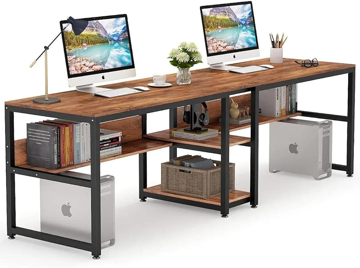 Two Person Desk With Bookshelf, 78.7 Computer Office Double Desk For Two Person, Rustic Writing Desk Workstation With