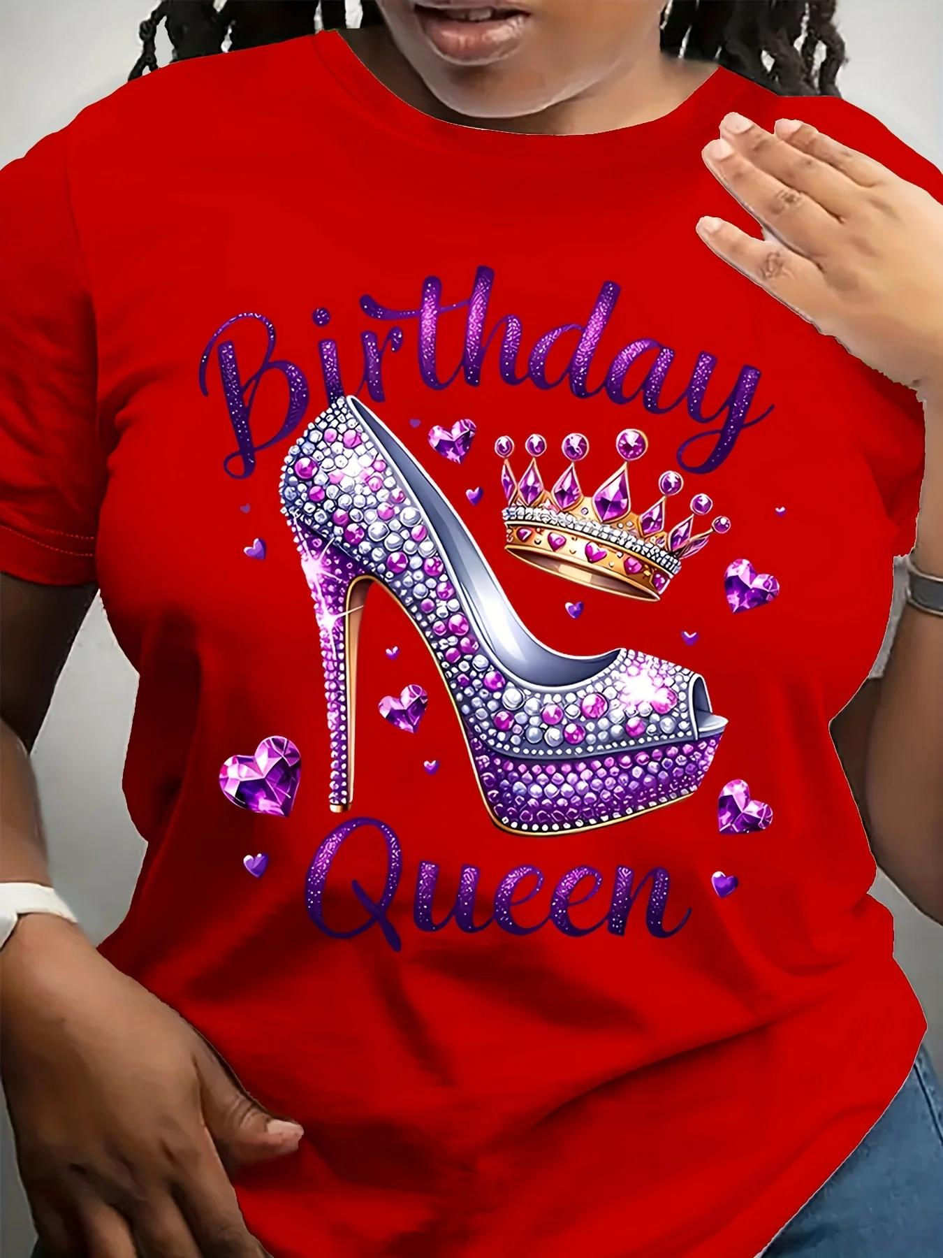 Birthday Queen T-Shirt for Women Crew Neck Short Sleeve Tee with Crown and Rhinestones Knit Fabric for y2k top