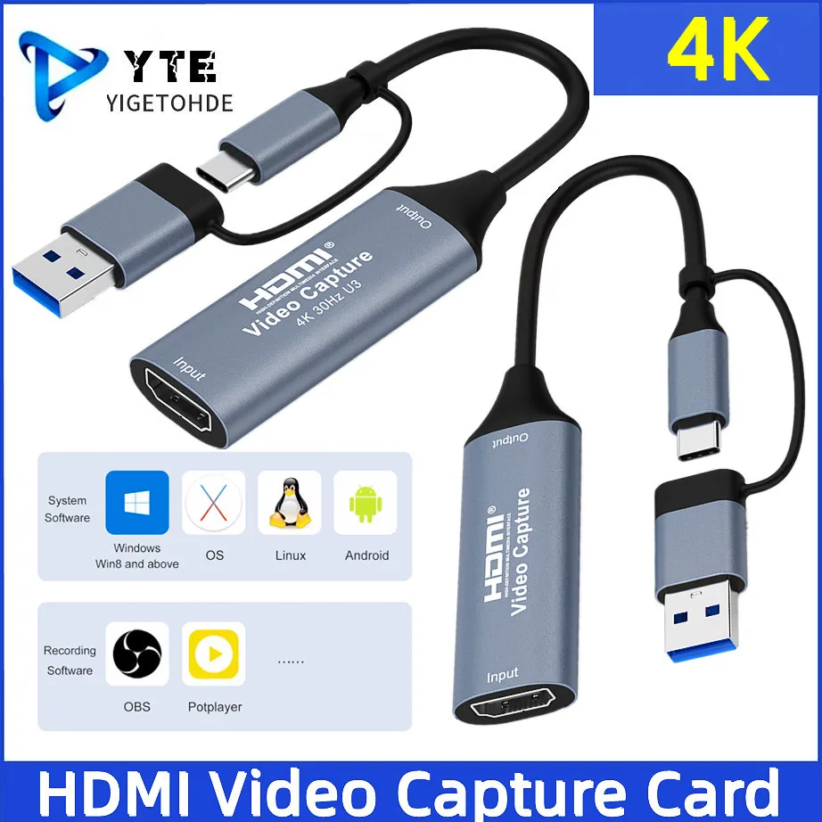 YIGETOHDE 4K USB Type-C Video Capture Card 2-in-1 Adapter - USB 3.0/2.0 HDMI Audio Video Recorder for PC/PS4/Xbox/TV BOX/Laptop