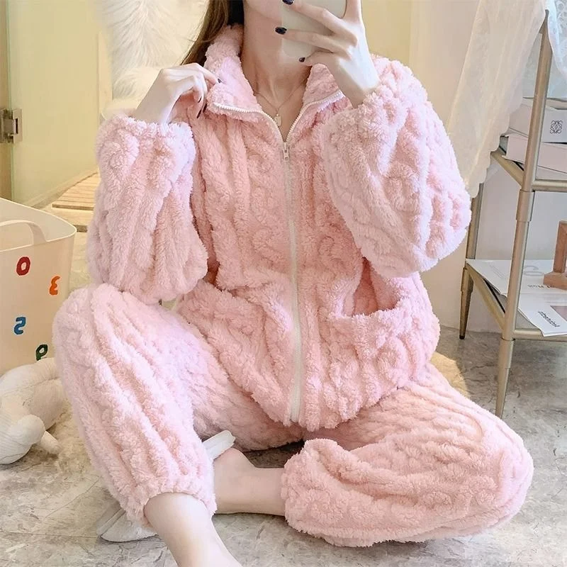 Pajamas Women's Autumn Winter Coral Fleece Women's Simple Fleece Thickened Solid Color Zipper Warm Casual Flannel Suit Comfort