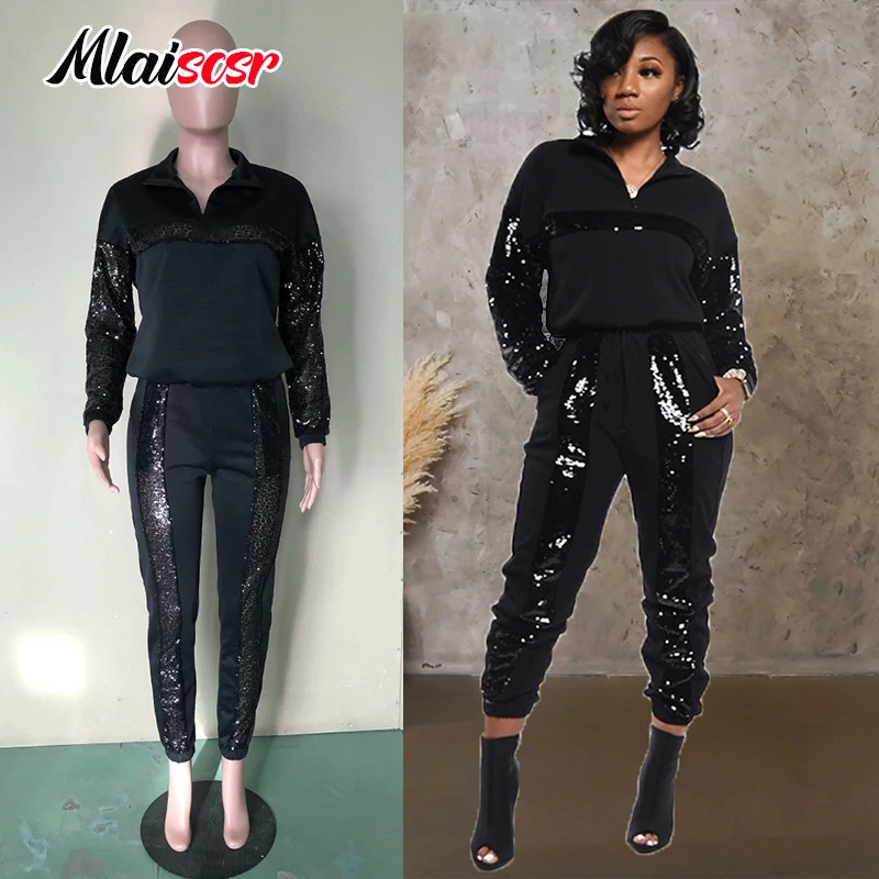 

Mlaiscsr женский черный лоскутный комплект из 2 предметов с блестками, укороченный топ на молнии с длинными рукавами и брюки-карандаш, уличная модная осенняя одежда