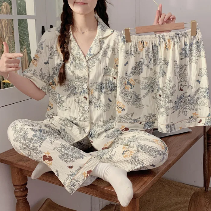 Conjunto de pijama de satén con estampado Floral para mujer, conjuntos de 3 piezas de algodón, pantalones con volantes, atuendo elegante, ropa de