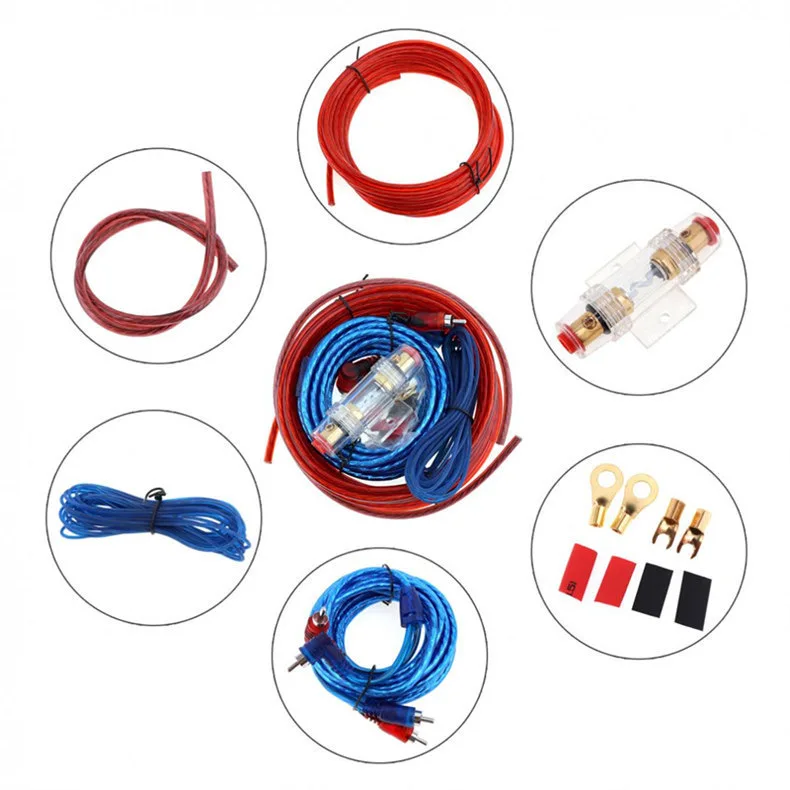 Car Stereo Wiring Harness Set Includes Thick Red Power Cable, Shielded Audio Interconnects Remote Turn-On Wire Safety Fuse Block