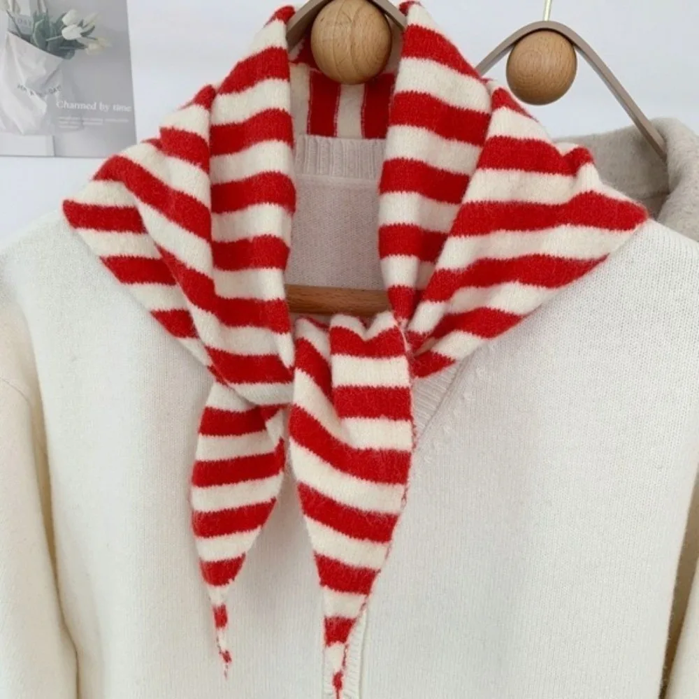 Long Solid Color Knitted Triangle Scarf Striped Windproof False Collar Wool Warm Cross Neckerchief Women
