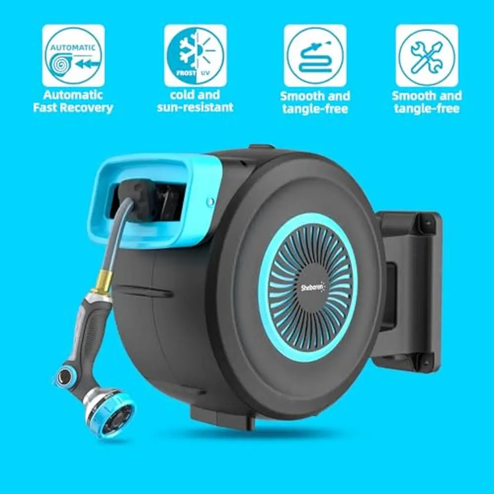 Retractable Wall Mount Garden Hose Reel 5ft Lock Hose 180°Swivel UV Resistant 8-pattern Nozzle 20,000 Cycles