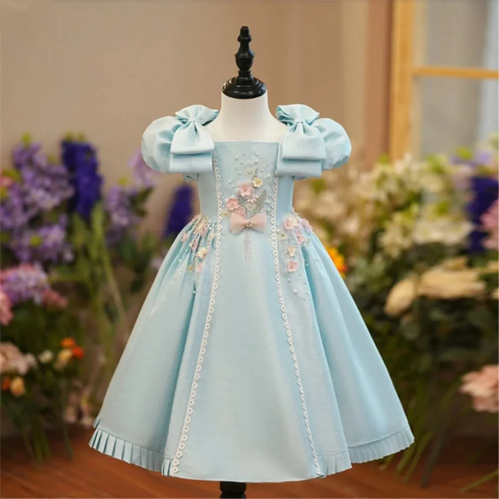 

Flower Girl Wedding Dress Square Neck Puff Sleeves A-line Appliques Beads Princess Birthday Party Performance Activities Gown