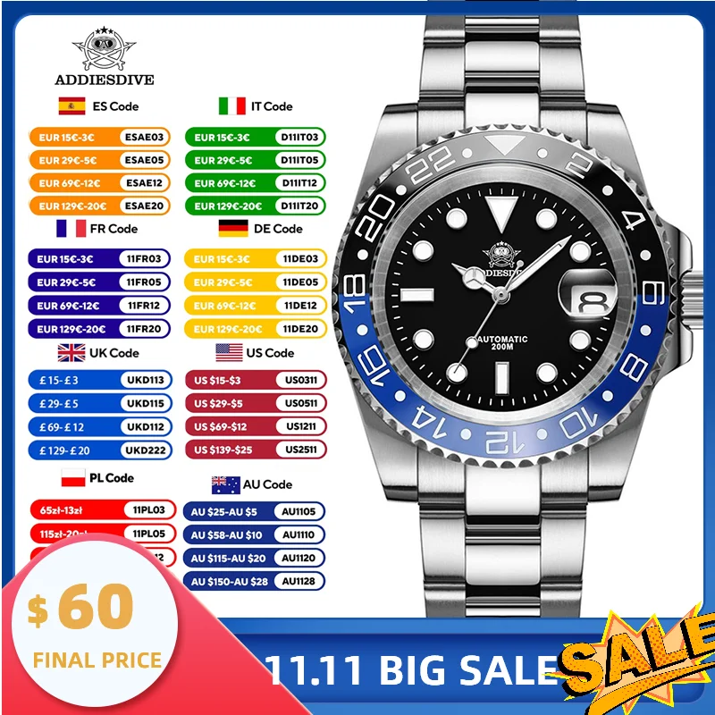 

ADDIESDIVE Watch For Man Quartz GMT 20Bar Waterproof BGW9 Super Luminous 316L Stainless Steel Ceramic Bezel Watch