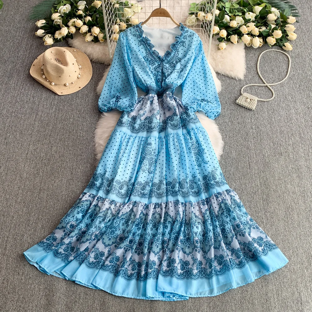 

Summer French Printed Dress Women Lace V-neck Lantern Sleeve Dresses Retro Elegant Vacation Style A-line Female dress
