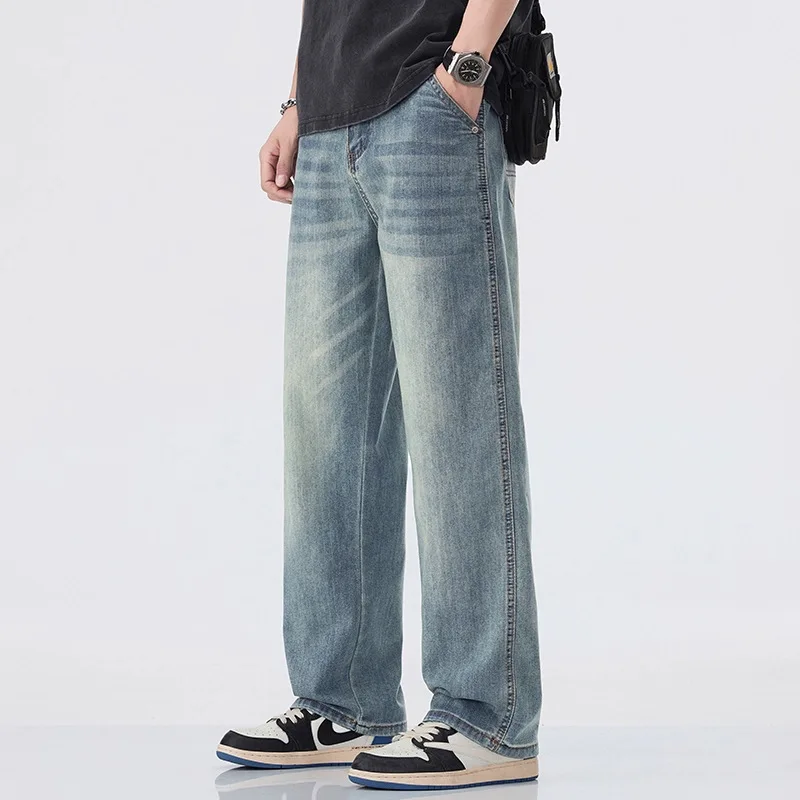 Men's Lyocell Denim Jeans 2026 Spring New Arrival Loose Straight Leg American Trendy Casual Wide Leg All Match Long Pants