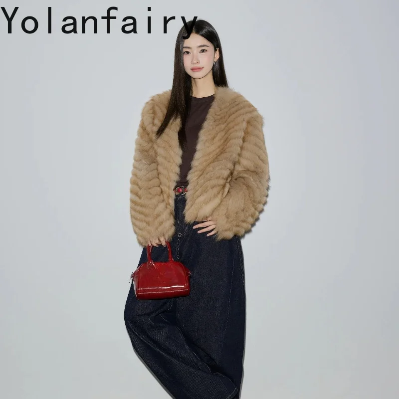 YOLANFAIRY100% Real Fox Fur Coat Woman Luxury Winter Short Elegant Natural Fur Jacket Women Clothing Old Money Style Furry Coats
