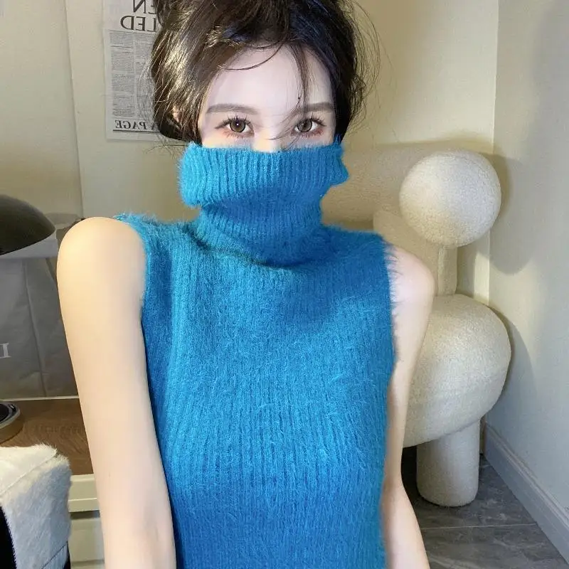 Turtleneck Knitted Tank Tops for Women Vintage Sexy Autumn Winter Sleeveless Cropped Blusa Korean Fashion Hot Female Inner Wear