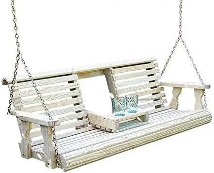 Duty Console Porch Swing with Fold Down Cup Holders in Unfinished - Amish Made in The USA from Treated Pine, Hanging